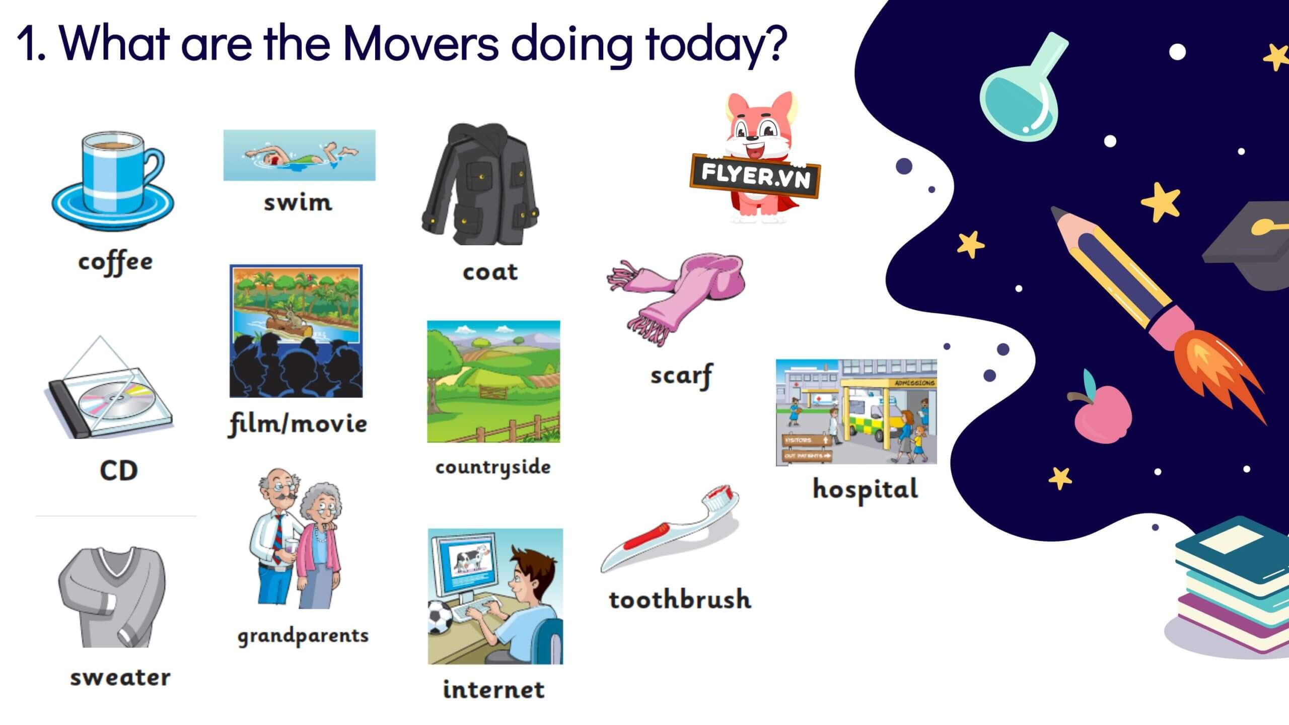 Từ vựng Movers Cambridge chủ đề "What are the Movers doing today?"