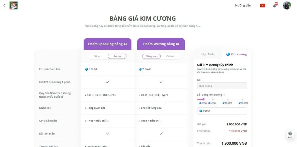 Bảng giá kim cương mới trên FLYER Teacher