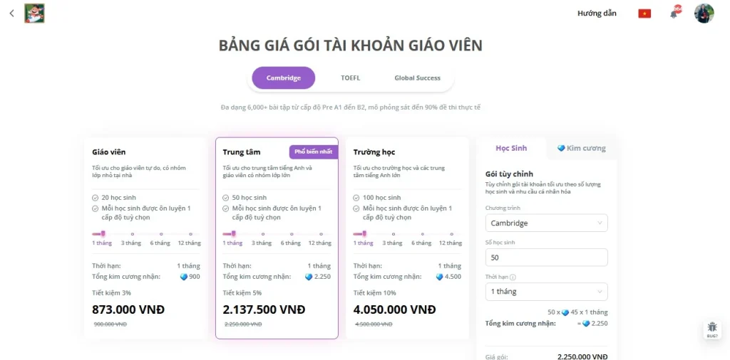 Bảng giá gói tài khoản giáo viên tháng 11/2025 trên FLYER Teacher