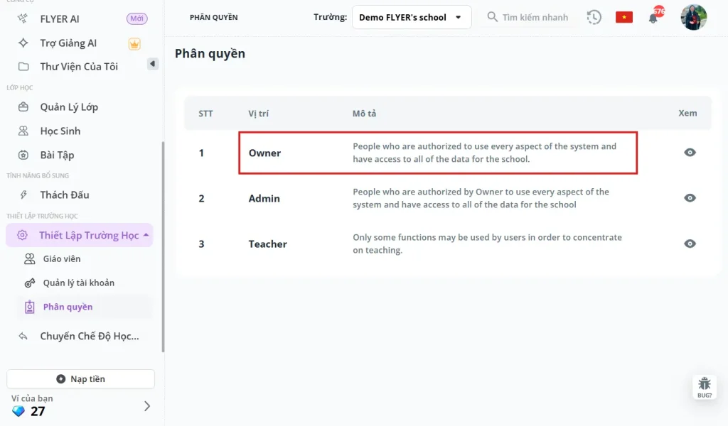 Mục Phân quyền bổ sung vị trí mới: Chủ Trường (School Owner)