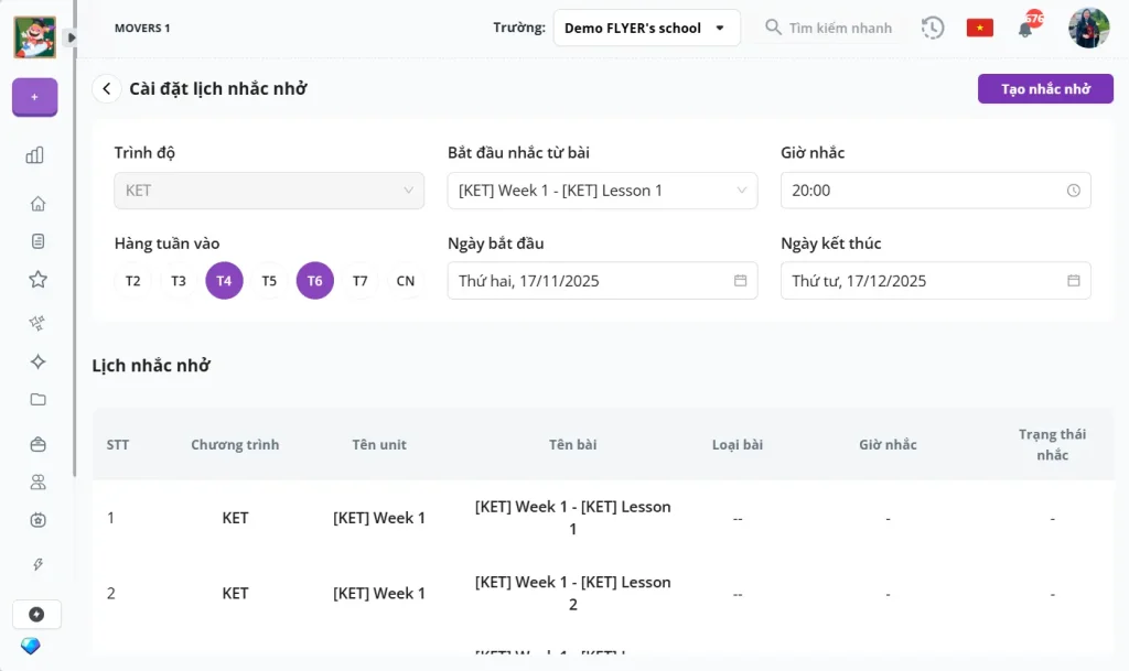 Cách cài đặt lịch nhắc nhở làm bài tự động theo lộ trình trên FLYER Teacher