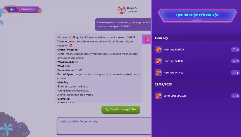 Lịch sử cuộc trò chuyện với FLYER Teacher