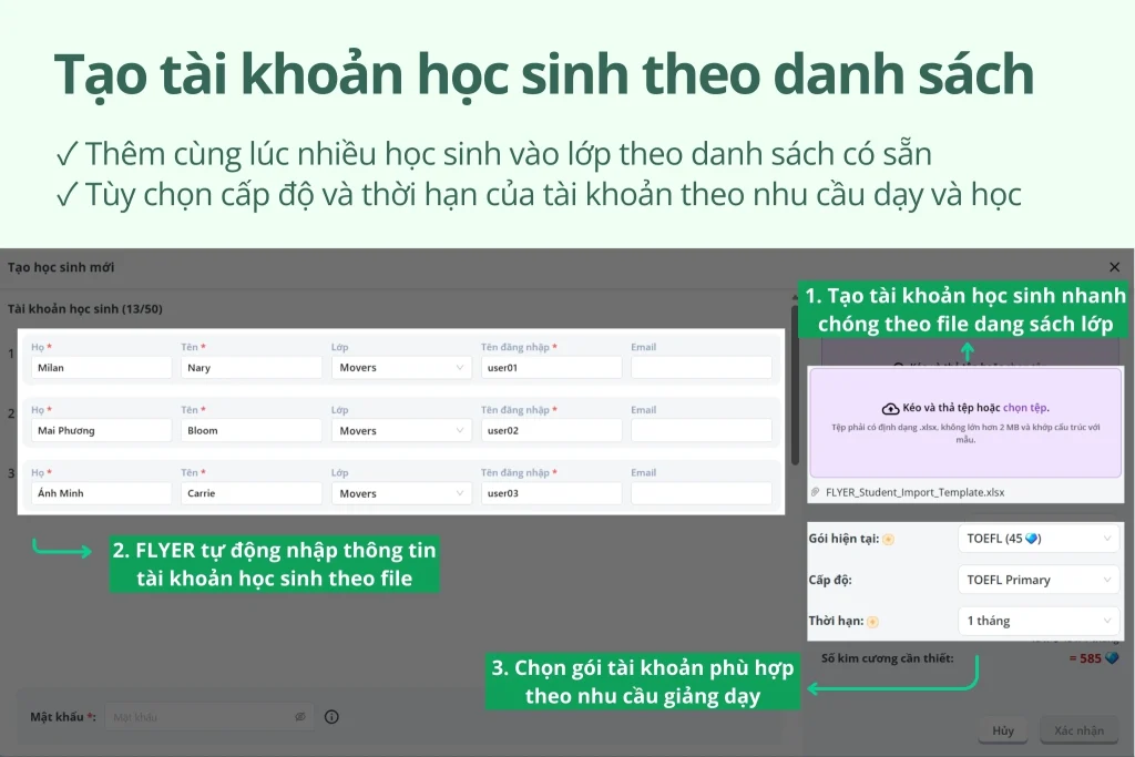 Kích hoạt tài khoản FLYER Pro cho học sinh bằng Kim Cương