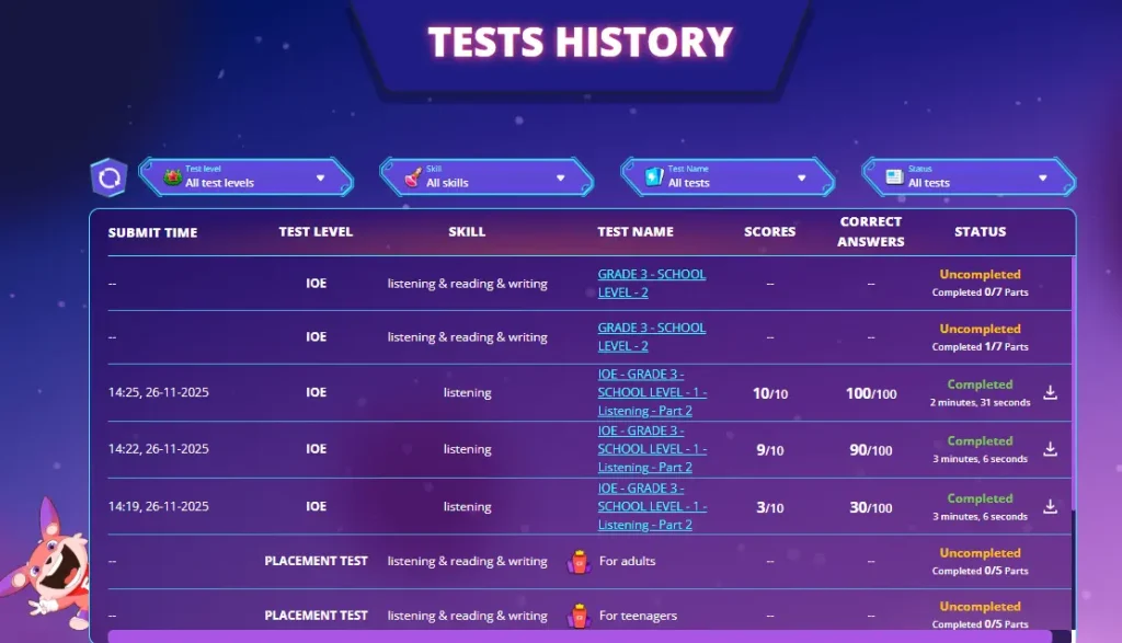 Theo dõi lịch sử làm bài trên FLYER