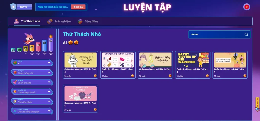 Luyện tập từ vựng Clothes trên FLYER