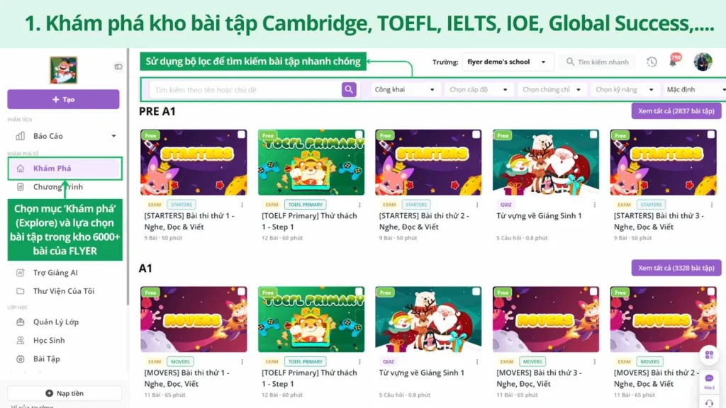 Kho bài tập sẵn có từ FLYER AI gồm đủ các cấp độ