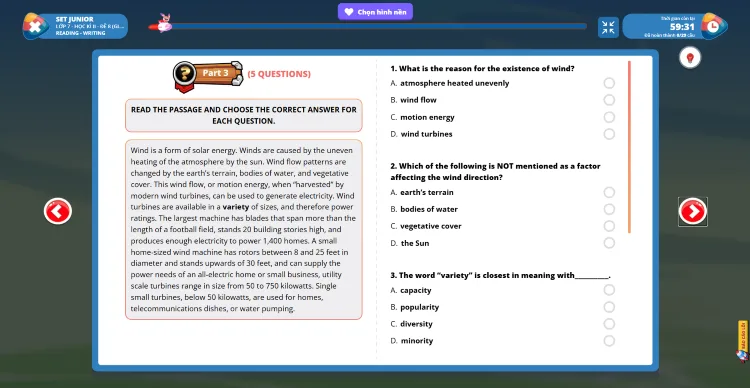 Giao diện bài thi tiếng Anh lớp 7