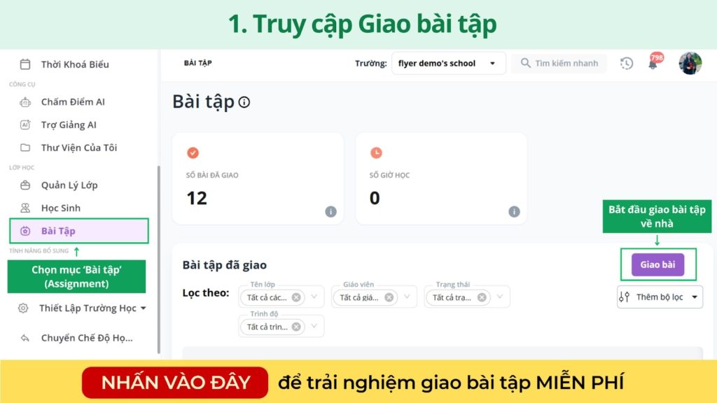 Thầy cô truy cập vào Giao bài tập để bắt đầu các bước