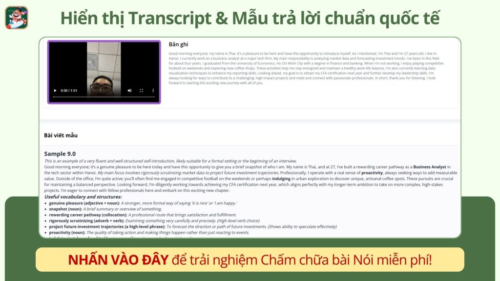 Tính năng chấm chữa bằng AI có thể trích xuất transcript kèm ví dụ chuẩn