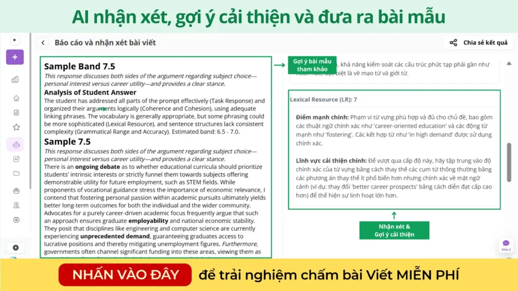 AI đưa ra nhận xét và bài mẫu phù hợp