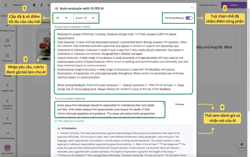 Hướng dẫn cài AI chấm chữa tự động câu hỏi mở trên FLYER Teacher 