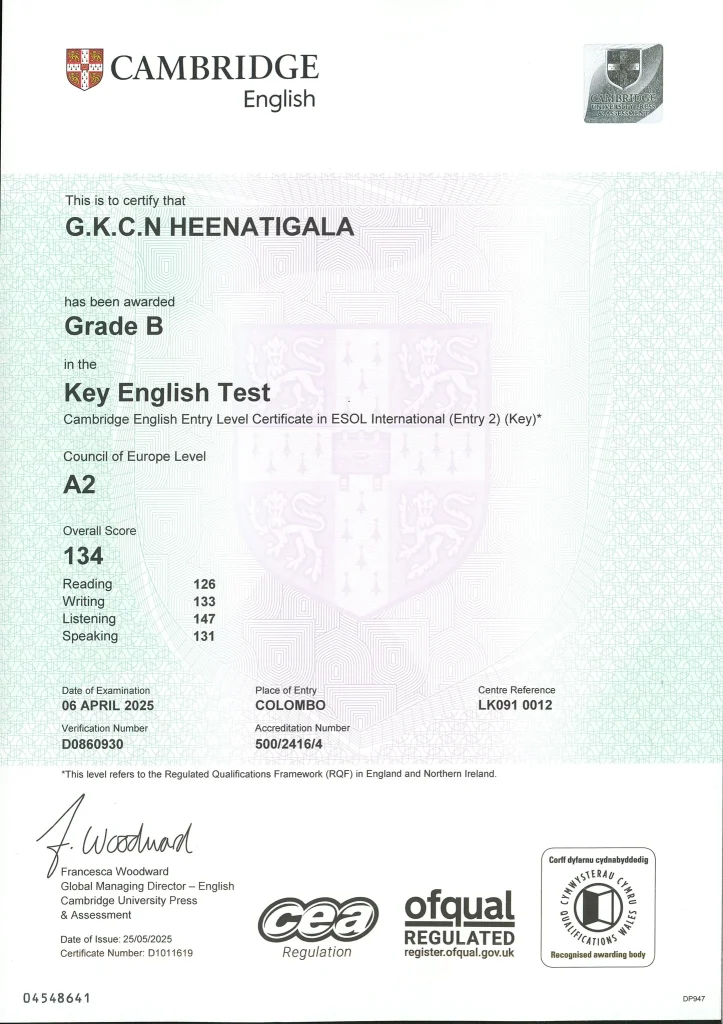 Chứng chỉ KET mẫu