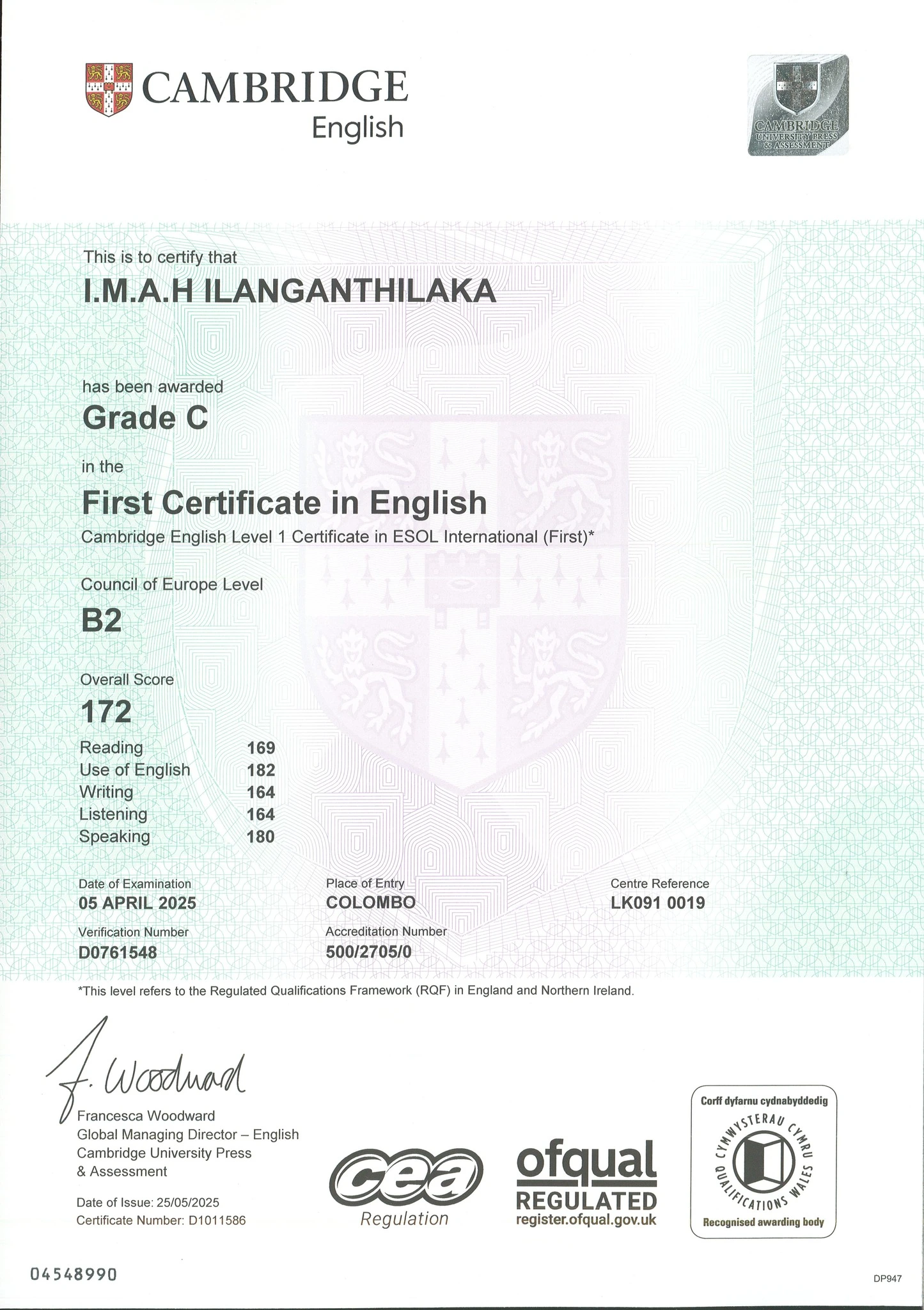 Chứng chỉ FCE mẫu