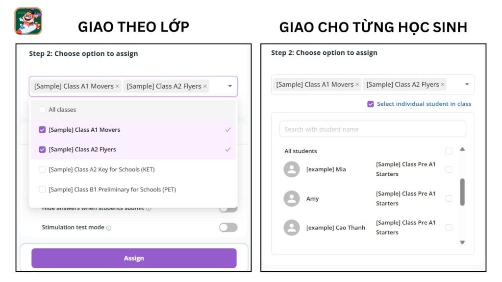 Dễ dàng lựa chọn giao bài theo lớp hay giao cá nhân