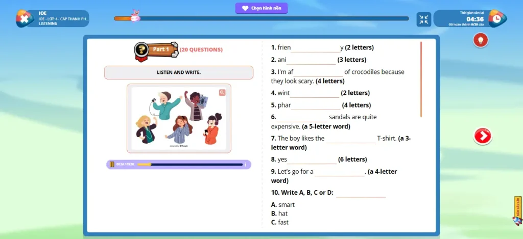 Thi thử Listening IOE lớp 4 trên FLYER
