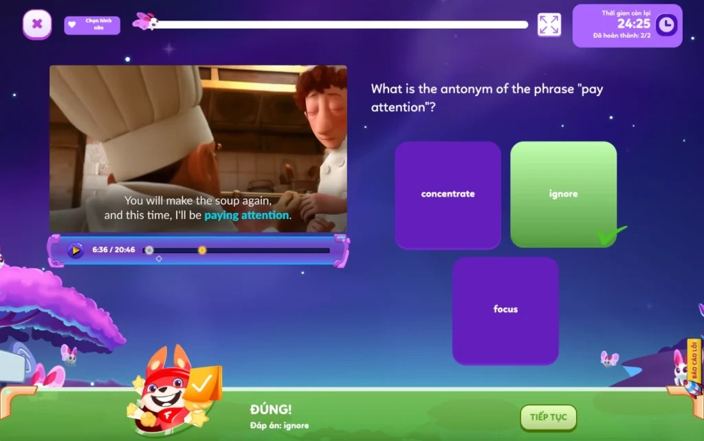 Câu hỏi tương tác với video trên Phòng thi ảo FLYER