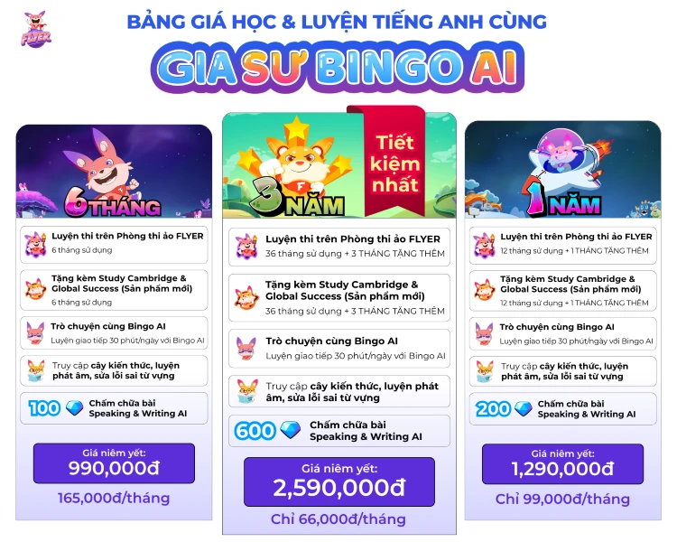 Bảng giá các gói học với Gia sư Bingo AI bao gồm cả Phòng thi ảo FLYER (Cập nhật 2026)