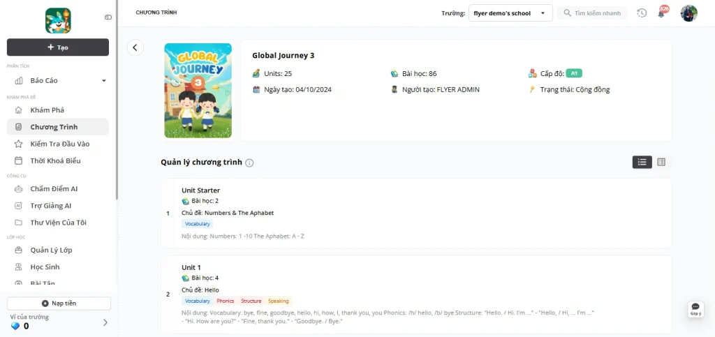 Giao diện Global Journey giáo viên