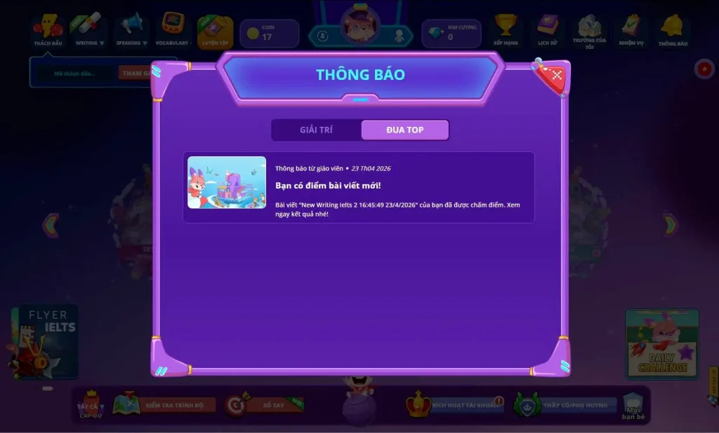 Giao diện học sinh khi nhận phiếu điểm