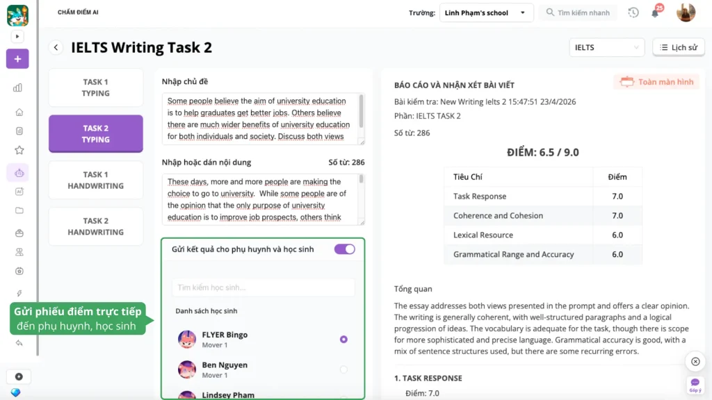 Gửi phiếu điểm Nói/Viết cho phụ huynh & học sinh