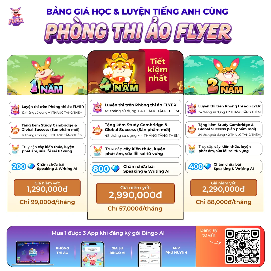 Bảng giá các gói học với Gia sư Bingo AI bao gồm cả Phòng thi ảo FLYER (Cập nhật 2026)