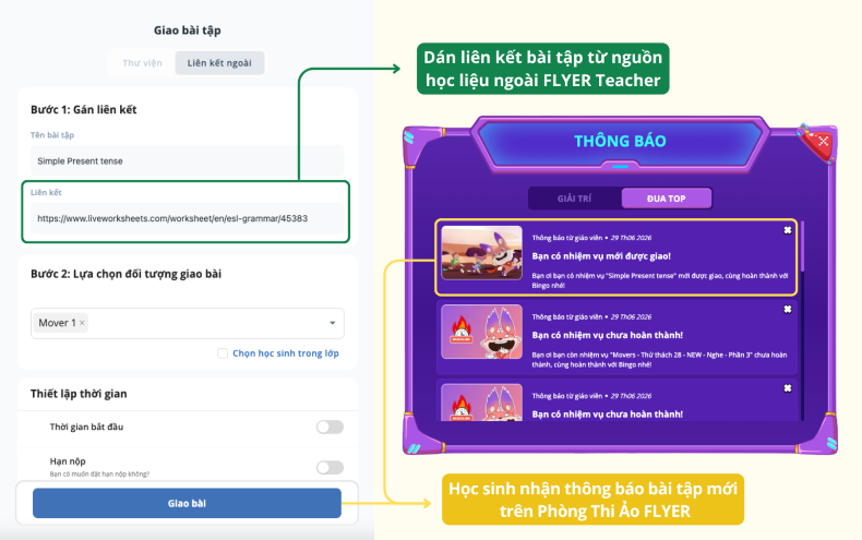 FLYER tích hợp giao bài từ đa dạng nguồn học liệu trực tuyến