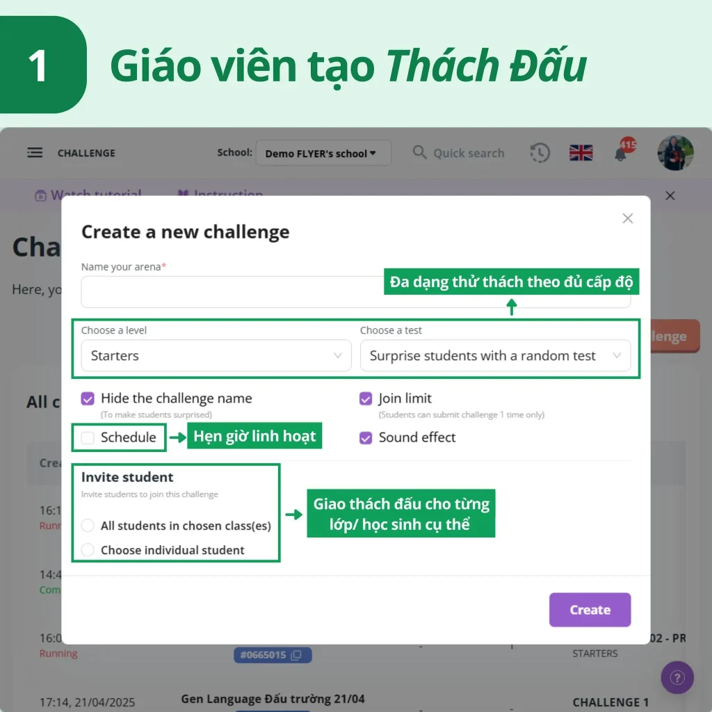 Bước 1 Tạo thách đấu trên FLYER Teacher