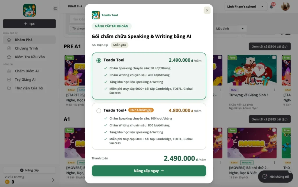 Bảng giá Teado Tools chấm chữa Speaking & Writing bằng AI
