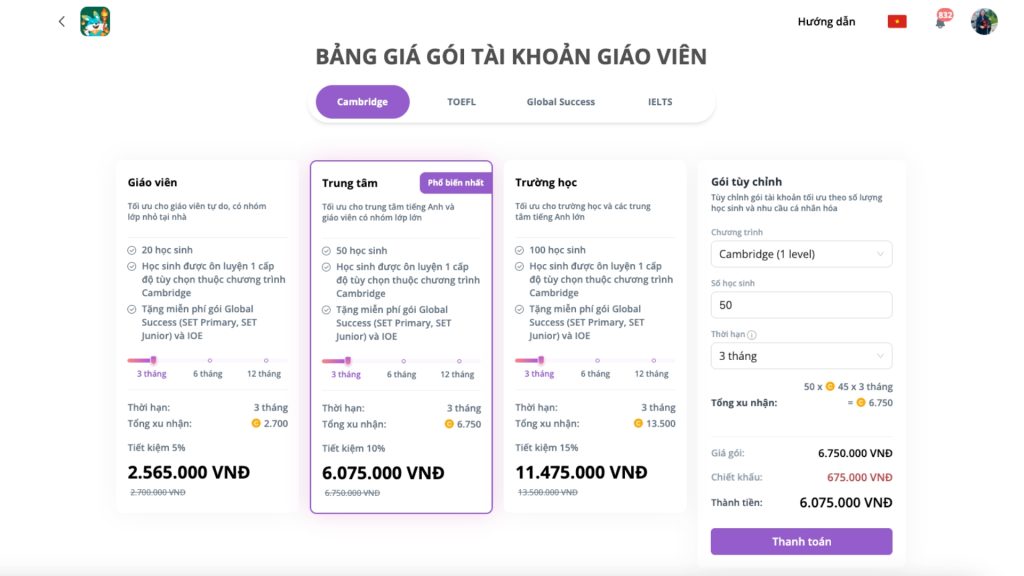 Bảng giá gói tài khoản FLYER dành cho trường học, trung tâm