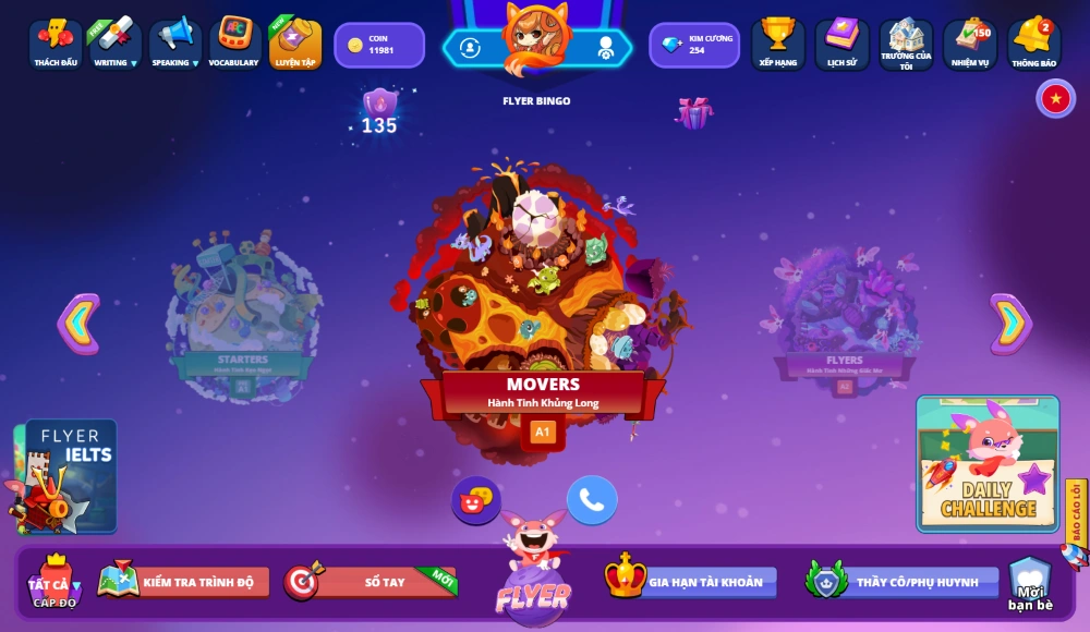 Hành tinh Movers trên Phòng thi ảo FLYER