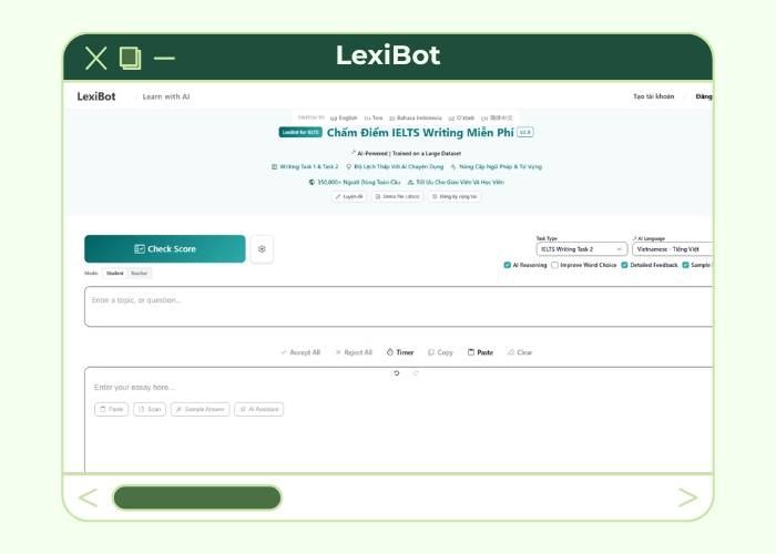web chấm writing ielts lexibot