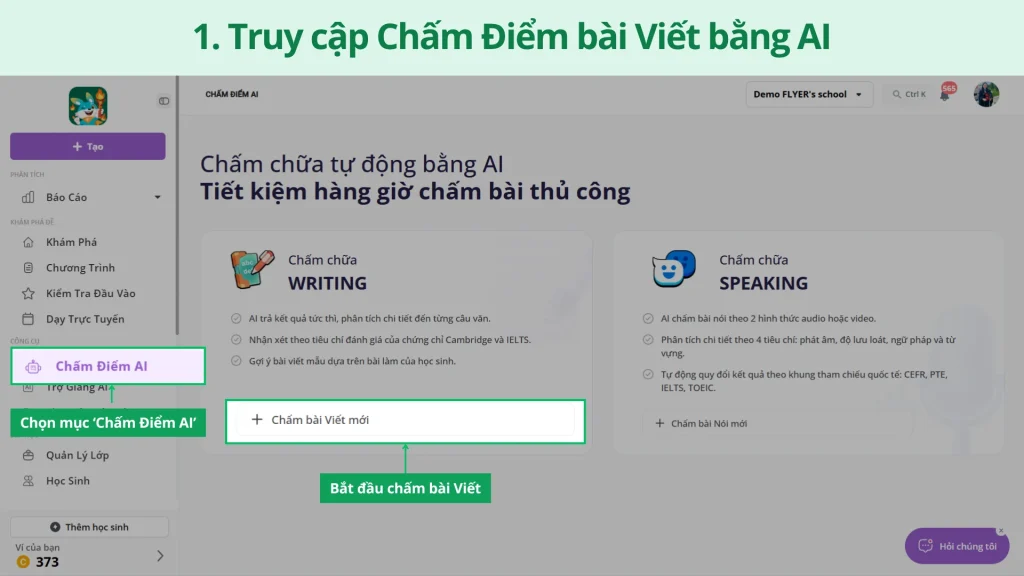 Chọn công cụ chấm Writing miễn phí trên FLYER Teacher