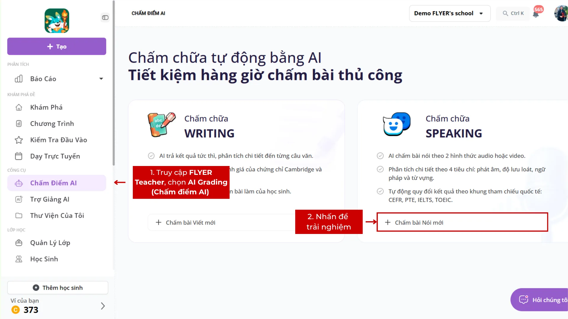 Truy cập công cụ chấm Speaking tự động trên FLYER Teacher