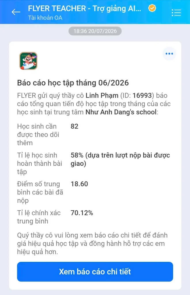 tính năng gửi báo cáo qua zalo cho phụ huynh