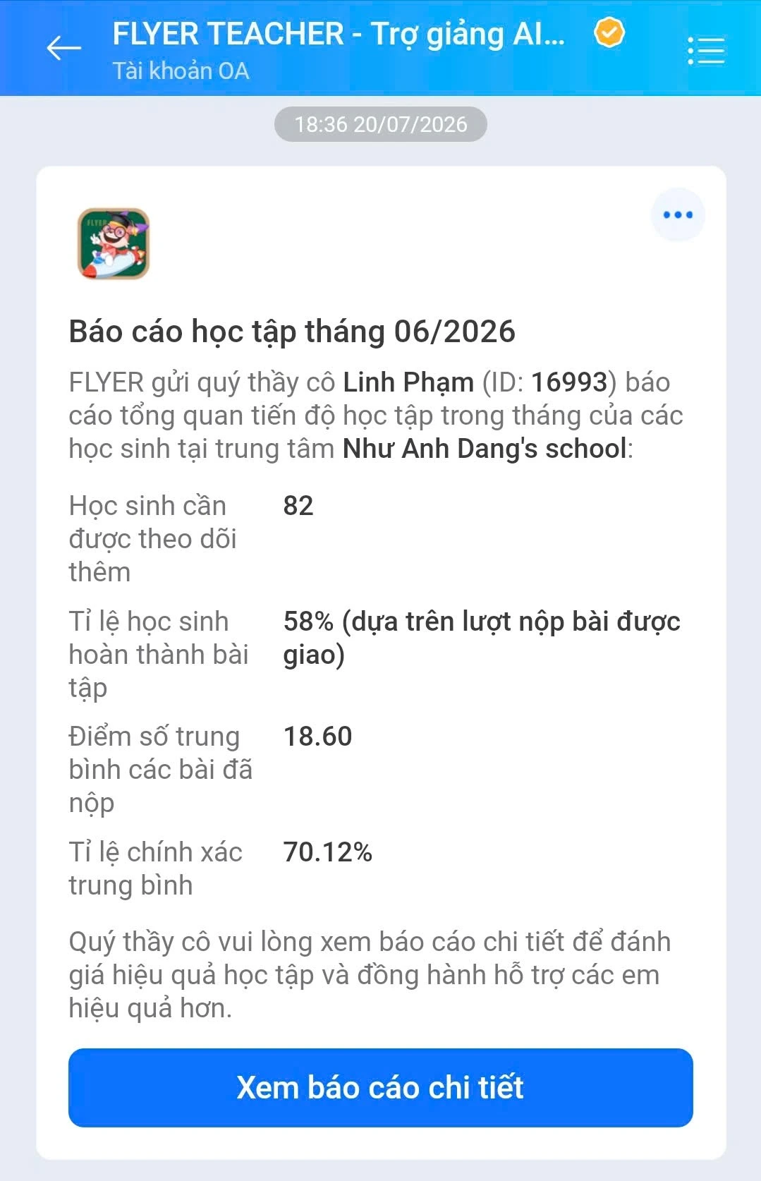 Tự động gửi báo cáo cho giáo viên qua Zalo và email 