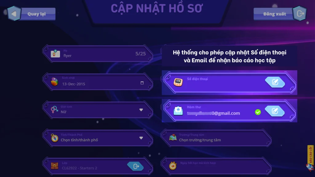 Cập nhật Email và Số điện thoại trên FLYER