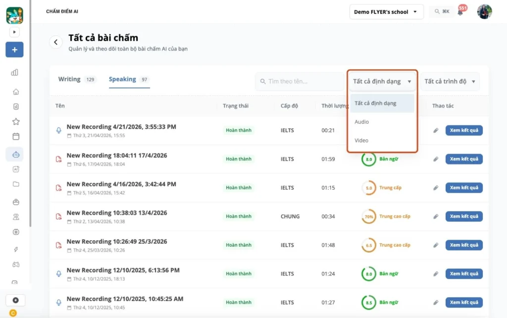Lọc kết quả bài chấm Speaking AI theo định dạng