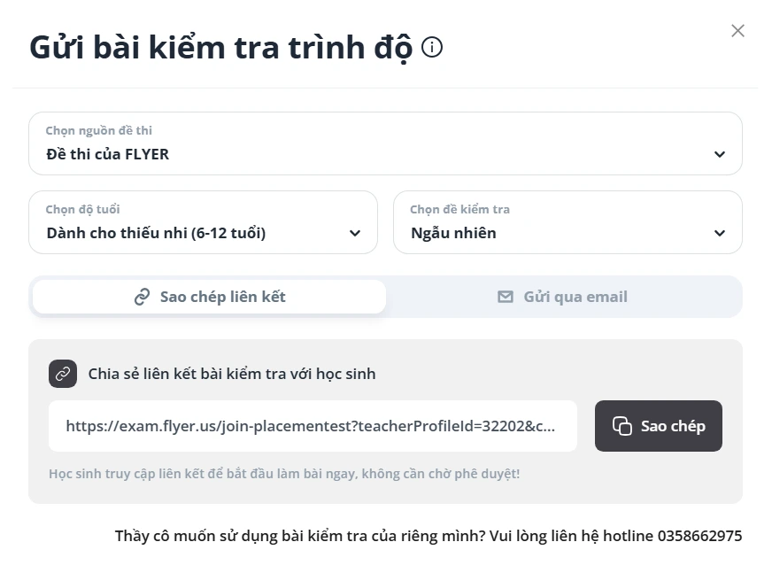 Gửi bài kiểm tra trình độ cho học sinh siêu đơn giản