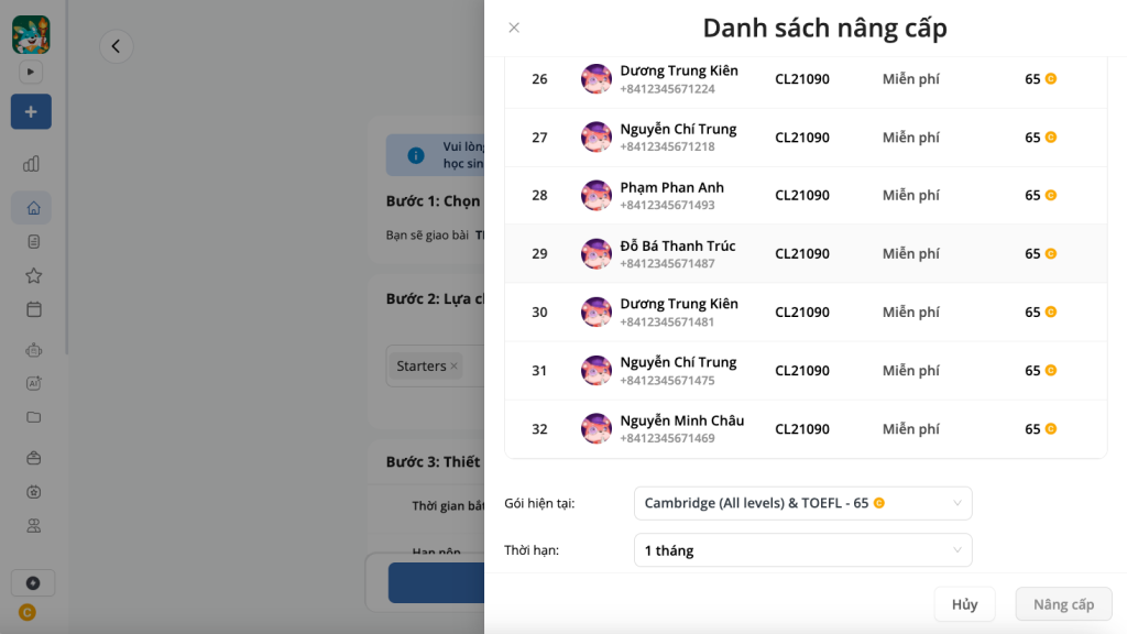 thông báo nâng cấp tài khoản FLYER Pro cho học sinh hết hạn