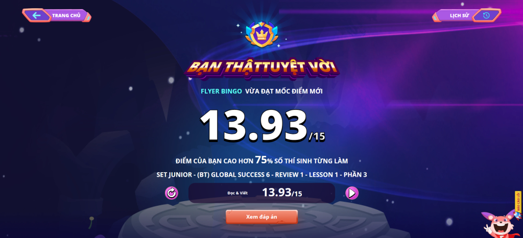 Kết quả bài làm ở giao diện học sinh trên FLYER