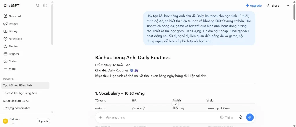 Câu lệnh trên ChatGPT cần chi tiết