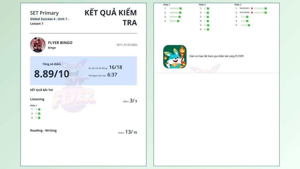 Teado trả phiếu kết quả kiểm tra chi tiết