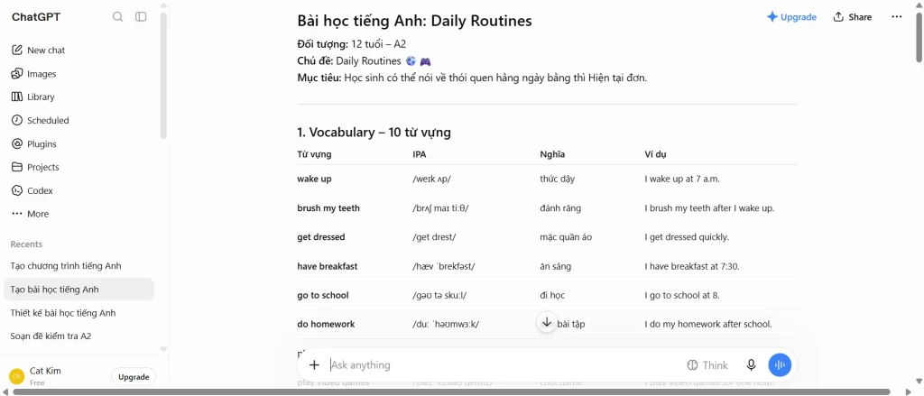 ChatGPT gợi ý nội dung bài học tiếng Anh